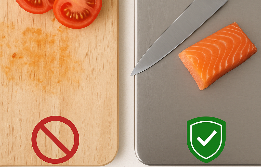 Wooden cutting board with tomatoes and a red 'no' symbol, and a metal cutting board with salmon and a green 'yes' symbol.